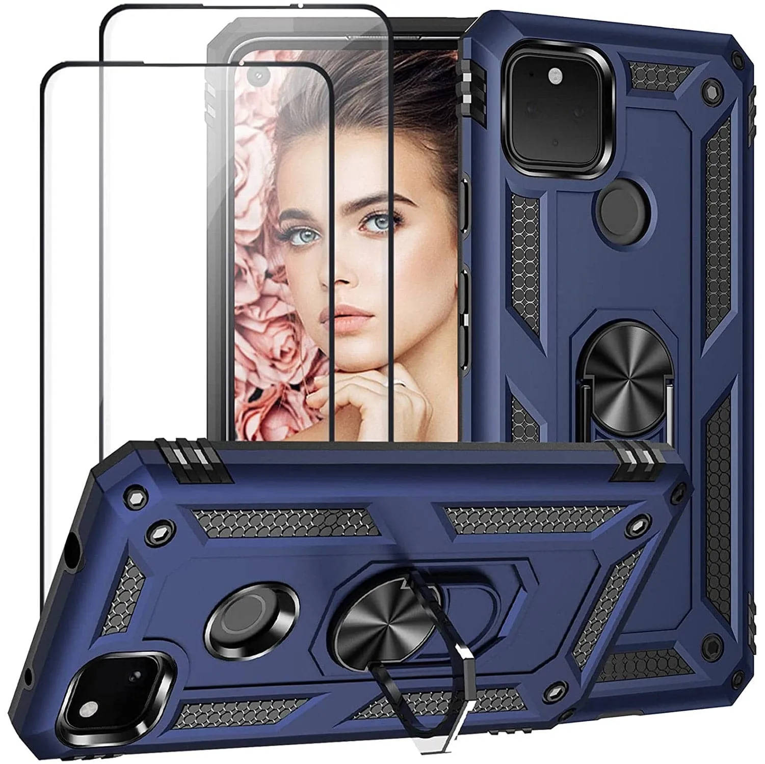 2022 Luxury Armor Ring Bracket Phone case For Google Pixel 4A With 2-Pack Screen Protectors