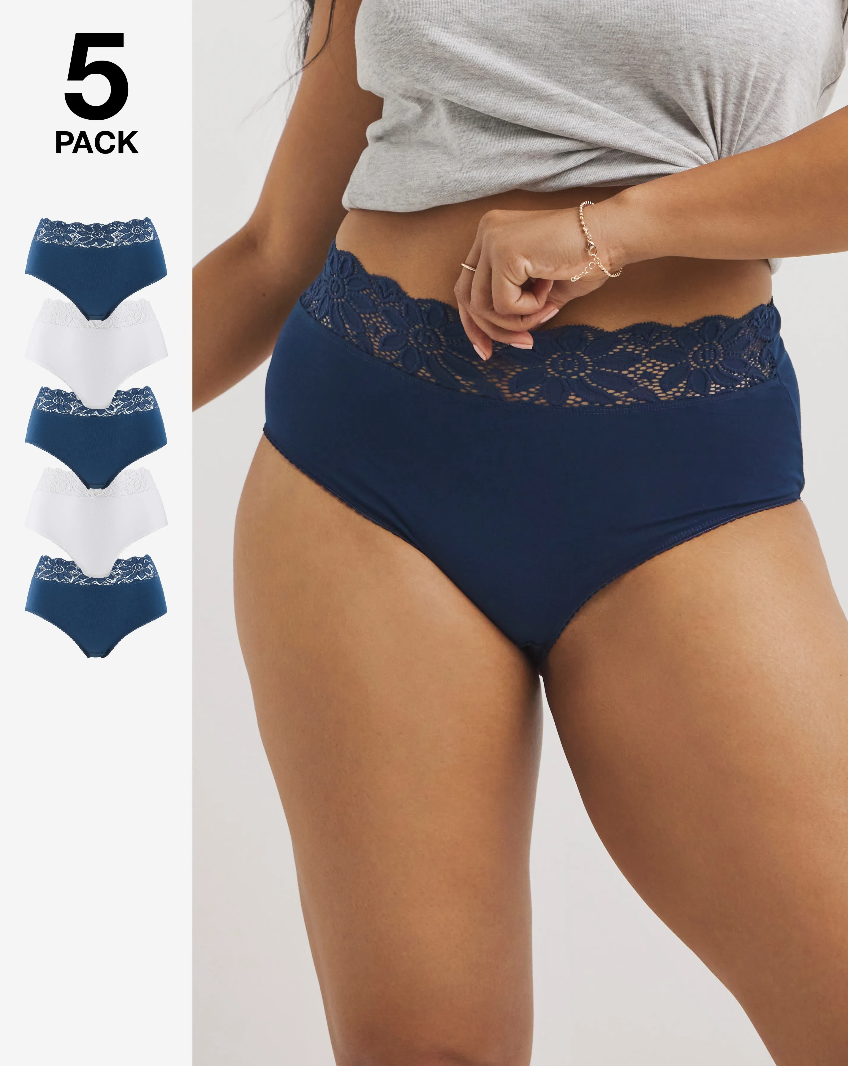 5 Pack Navy & White Lace Top Full Brief Knickers | Simply Be