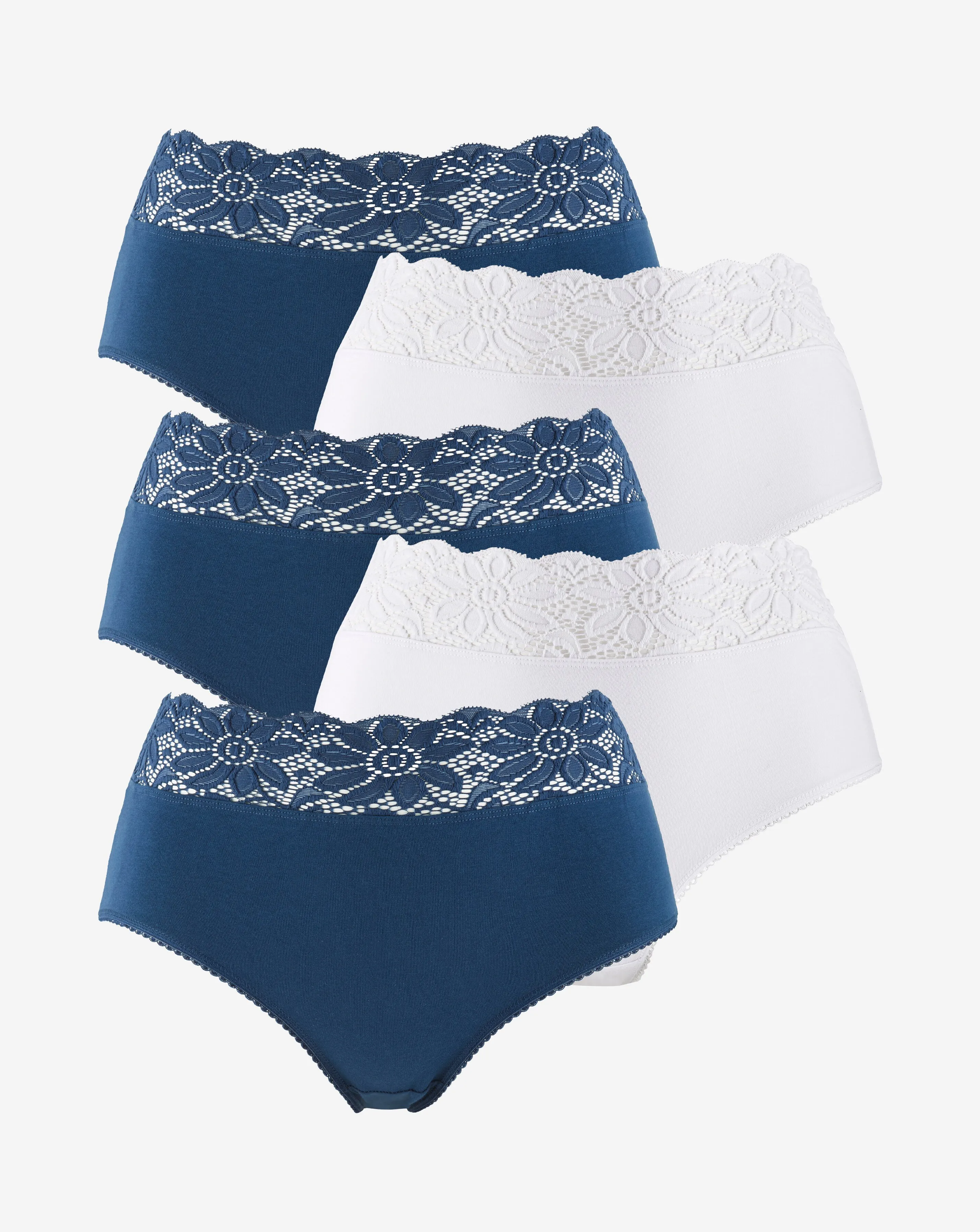 5 Pack Navy & White Lace Top Full Brief Knickers | Simply Be