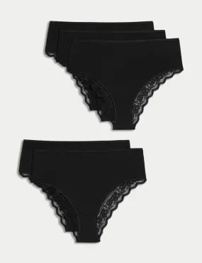 5pk Cotton & Lace High Waisted Brazilian Knickers