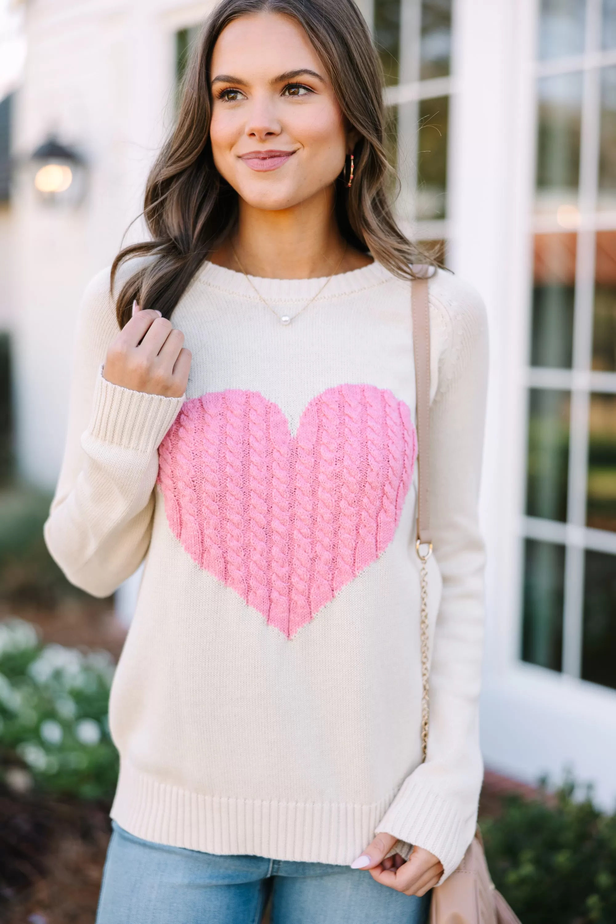 All For Love Oatmeal and Pink Heart Sweater