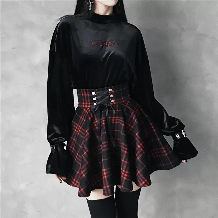 Black Red Plaid Ribbon Skirt SD00452