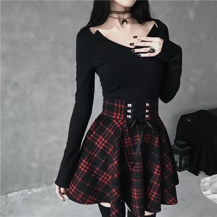 Black Red Plaid Ribbon Skirt SD00452