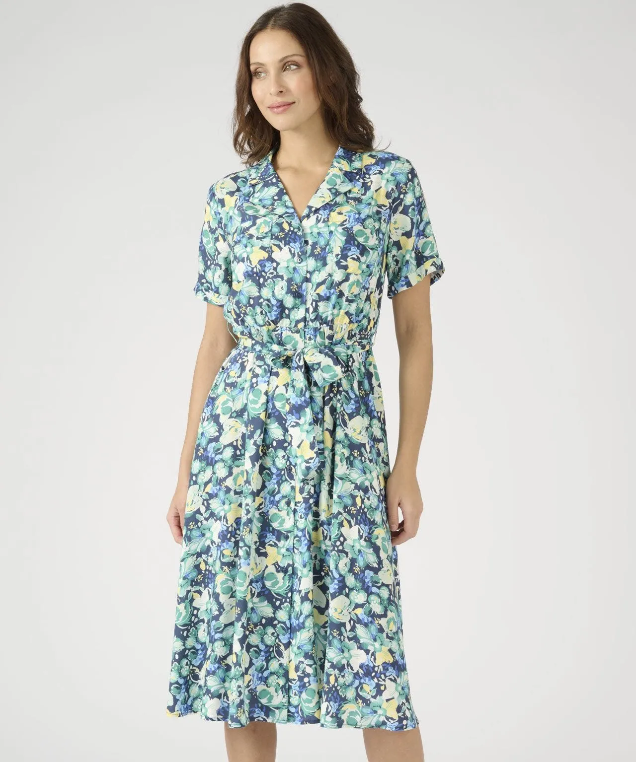 Button-through Tie Belt Print Dress