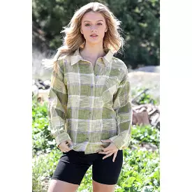 Cotton & Linen Blend Textured Plaid Shirt Top