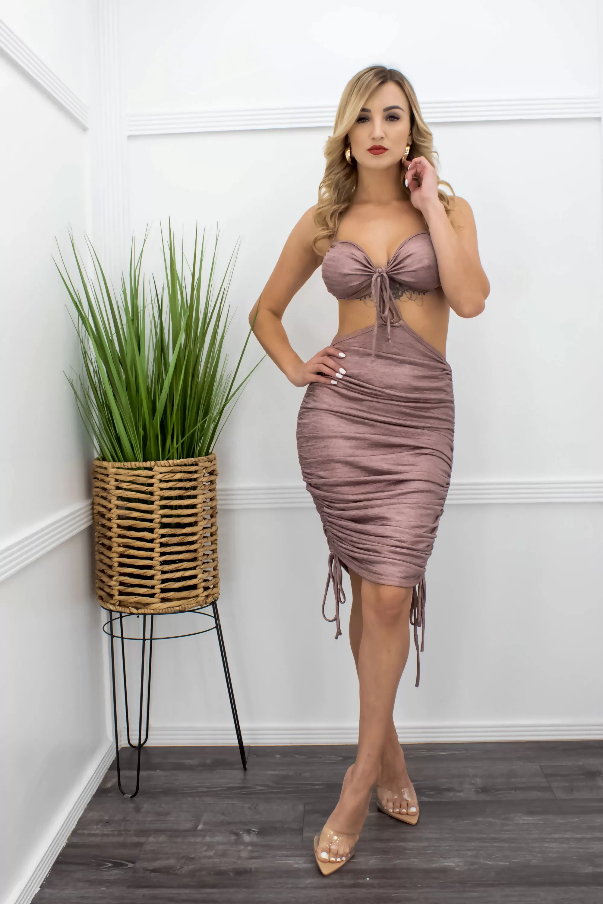 Crop Top With Side Strap Skirt Set Rose Gold