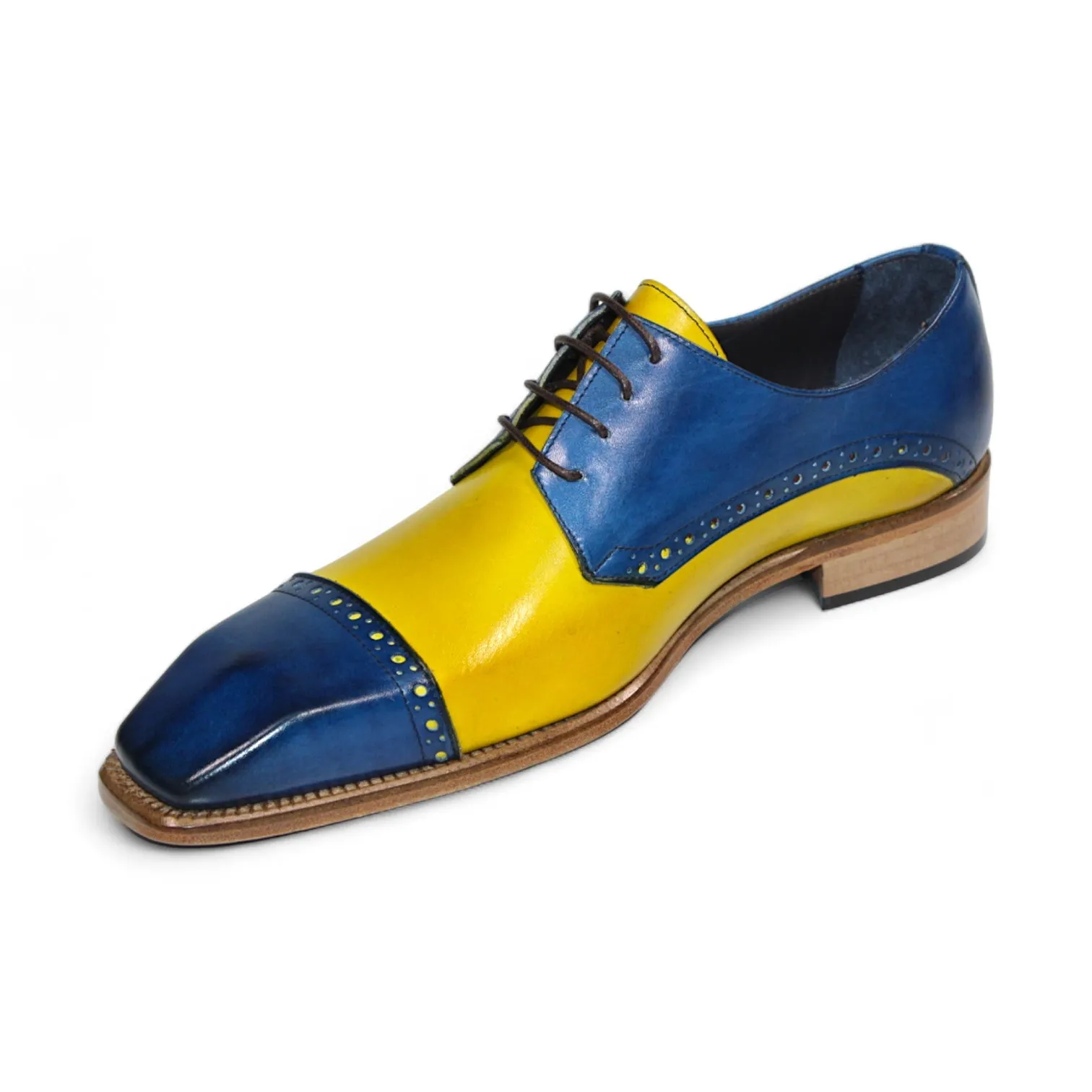 Duca Lombardi Men's Shoes Ocean Blue/Yellow Calf-Skin Leather Oxfords (D1158)