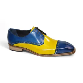 Duca Lombardi Men's Shoes Ocean Blue/Yellow Calf-Skin Leather Oxfords (D1158)