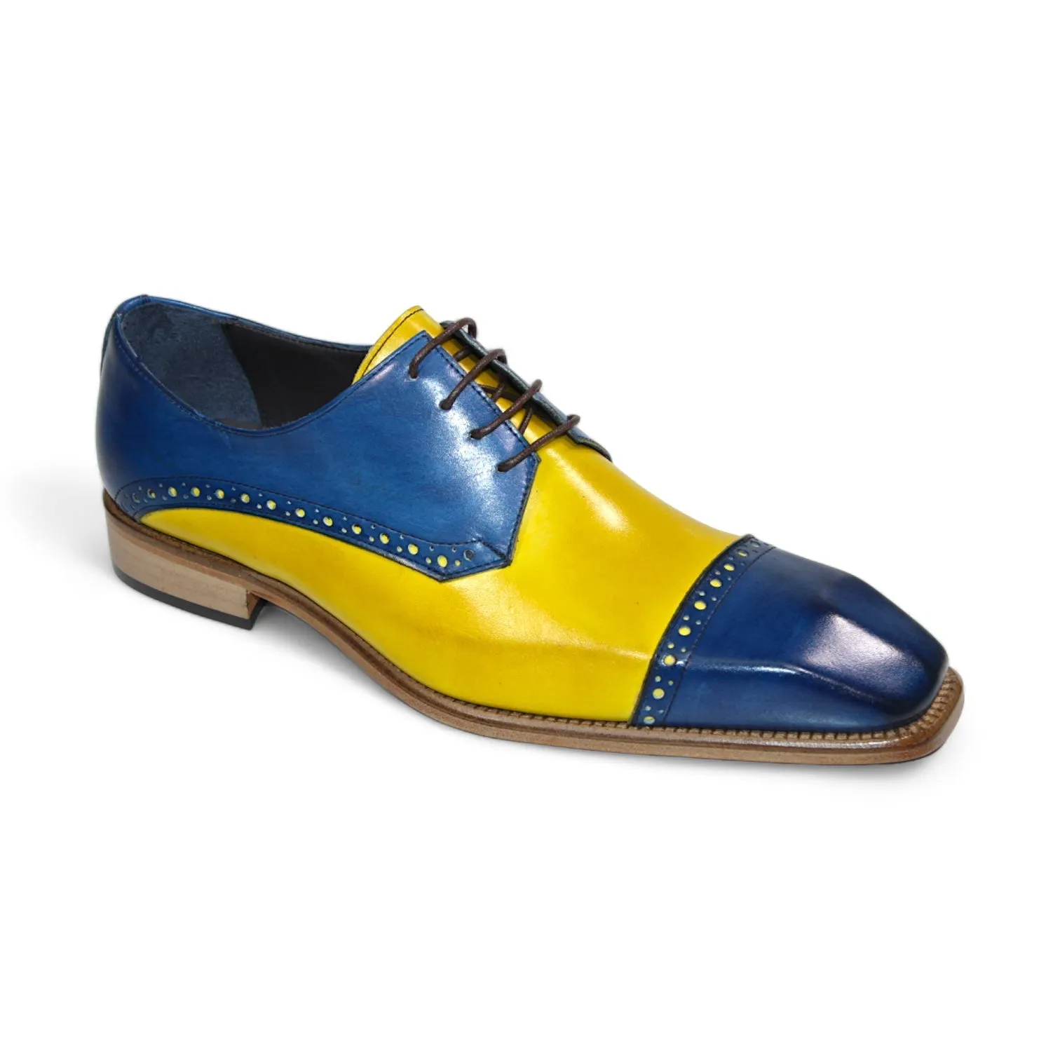 Duca Lombardi Men's Shoes Ocean Blue/Yellow Calf-Skin Leather Oxfords (D1158)