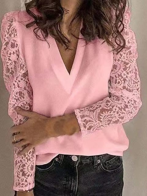 Elegant V-Neck Black, White & Pink Lace Blouse for Women