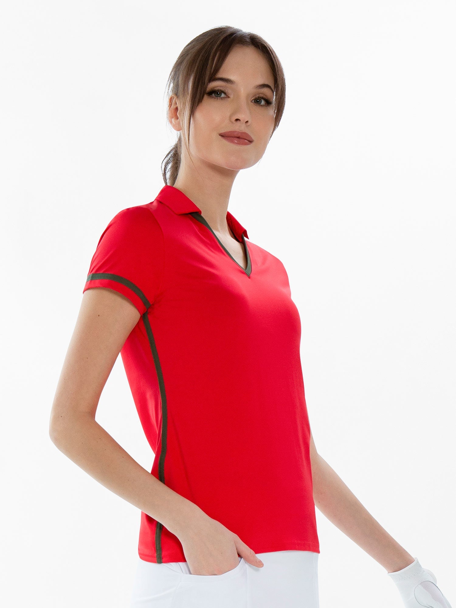 Fairway V-Neck Collar Top - Poppy/Militare