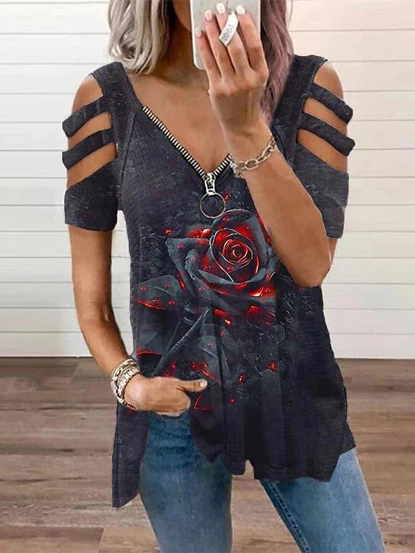 Floral Print Off-Shoulder Short Sleeve Top with V-Neck Zipper