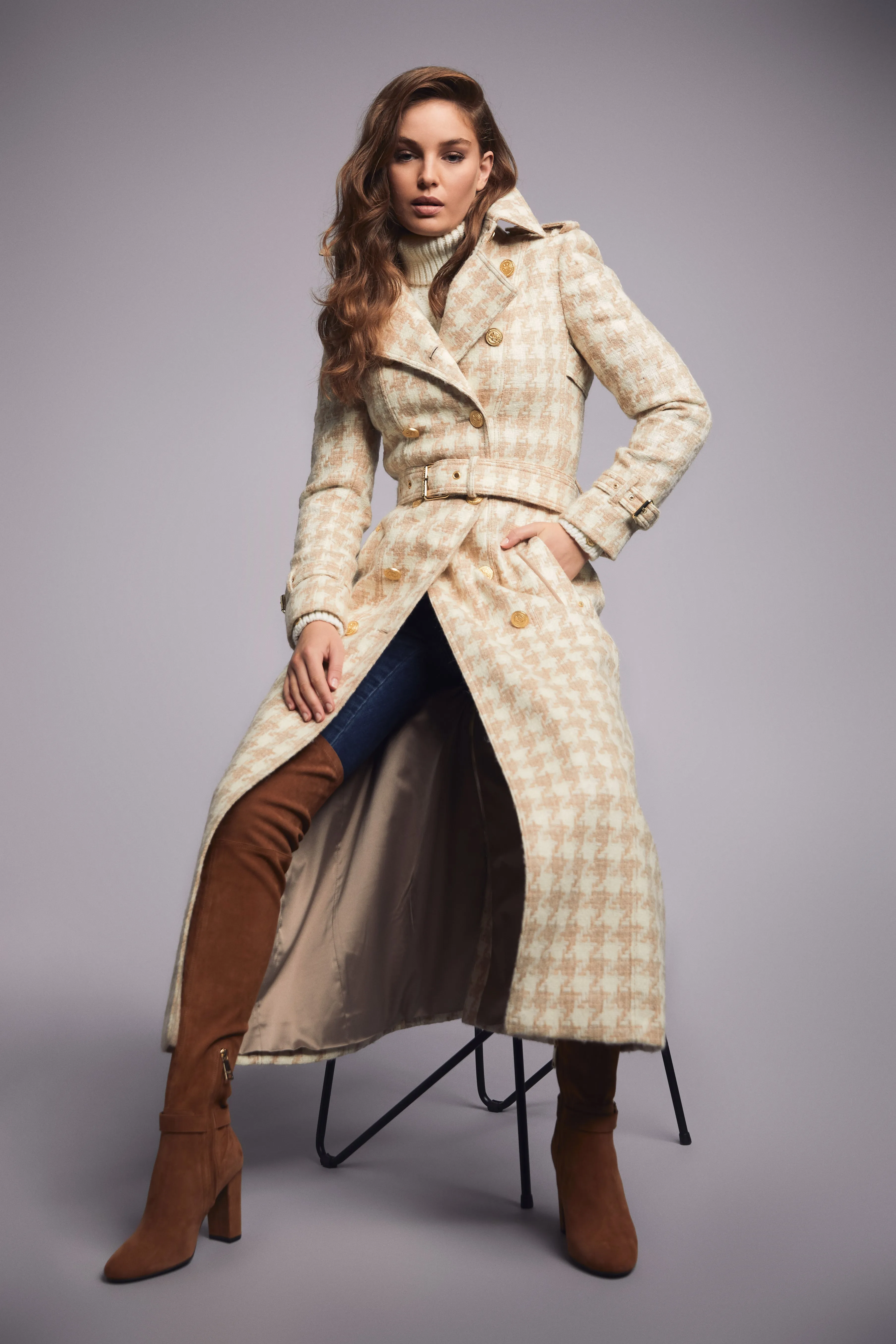 Full Length Marlborough Trench Coat (Camel Houndstooth)