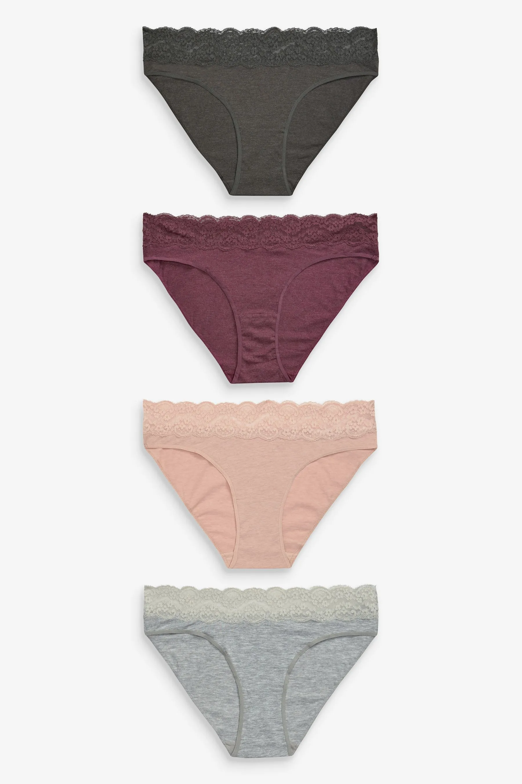 Grey Marl/Pink/Plum High Leg Cotton and Lace Knickers 4 Pack