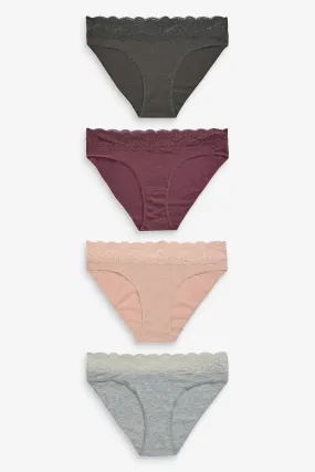 Grey Marl/Pink/Plum High Leg Cotton and Lace Knickers 4 Pack