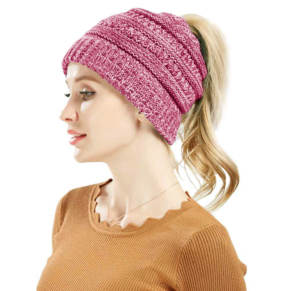 Haute Edition Women's Ponytail Messy Bun Textured Knit Beanie