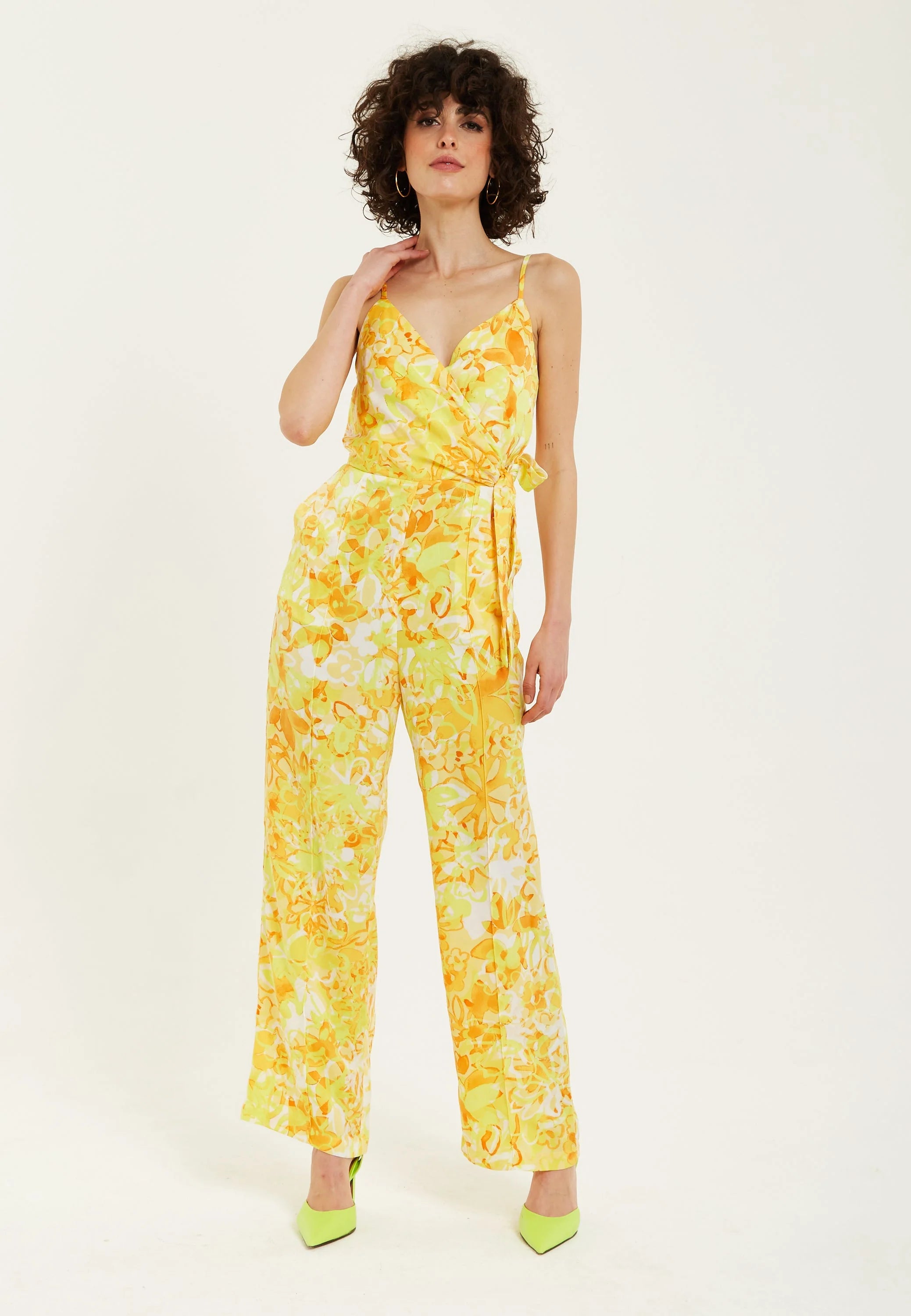 Liquorish Yellow And Orange Floral Print V-neck Jumpsuit