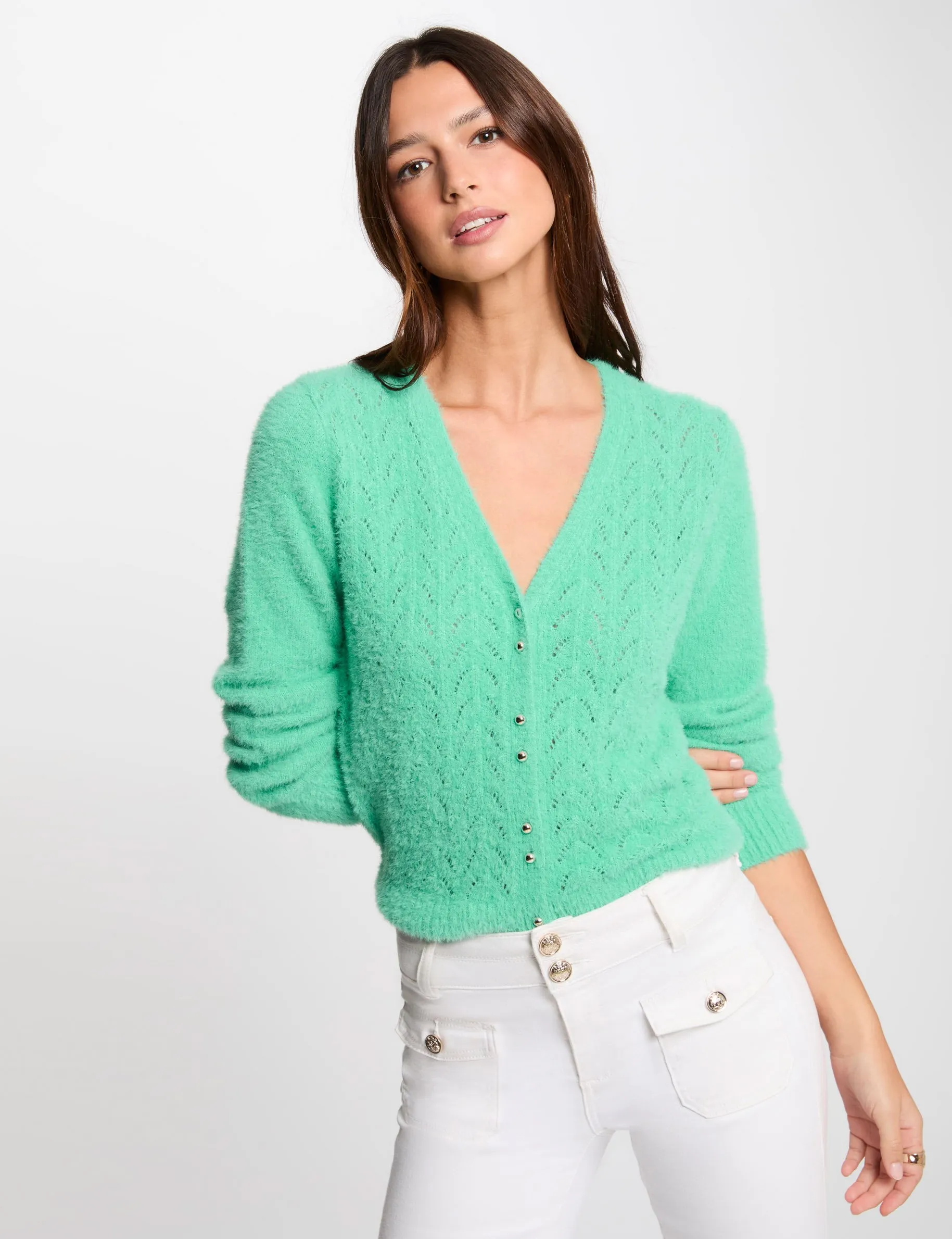 Long-sleeved cardigan openwork details mint green women