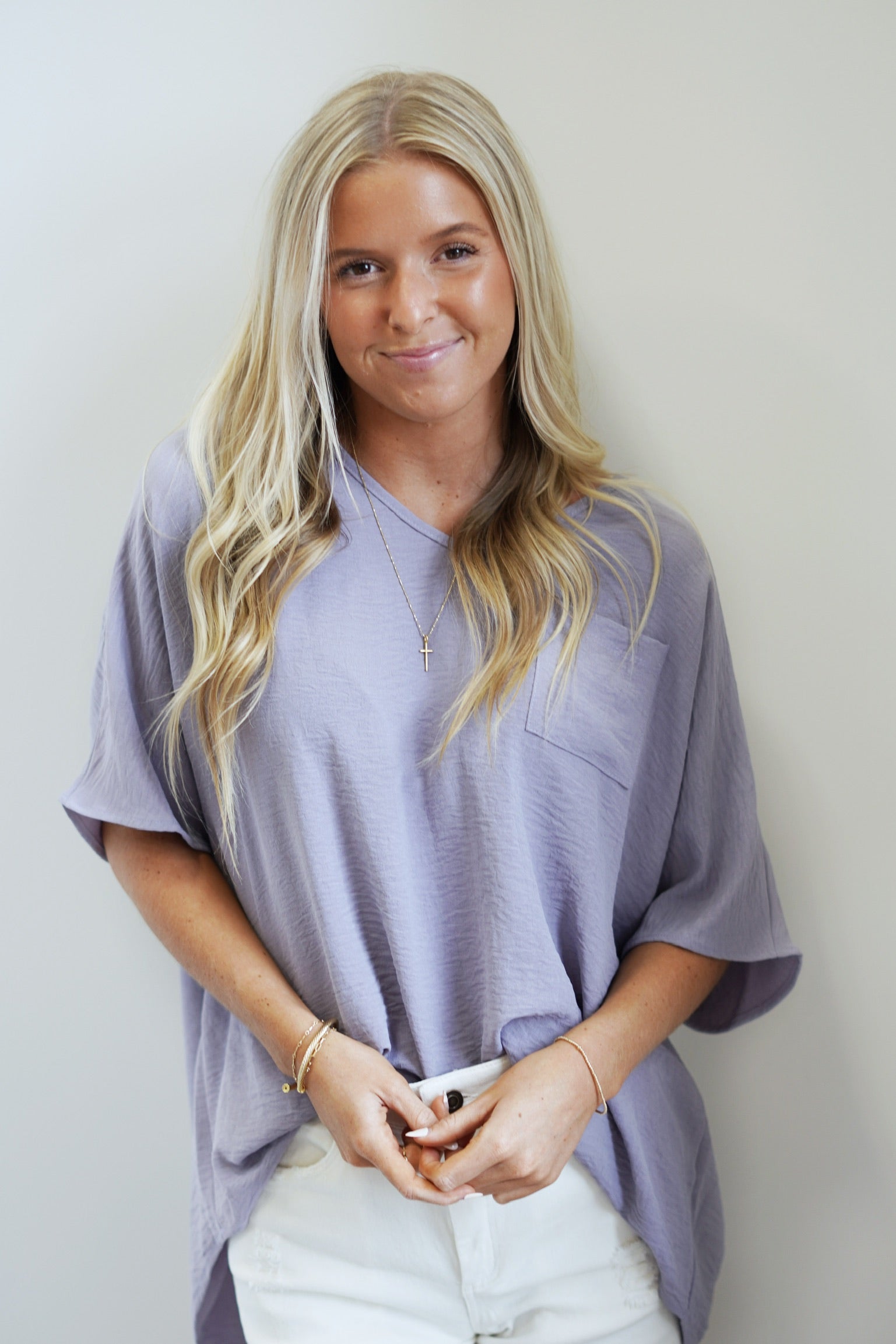 Luna Lavender V-Neck Pocket Blouse