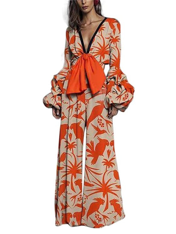 Maillard Bow Print V-Neck Jumpsuit with Boho Floral Print