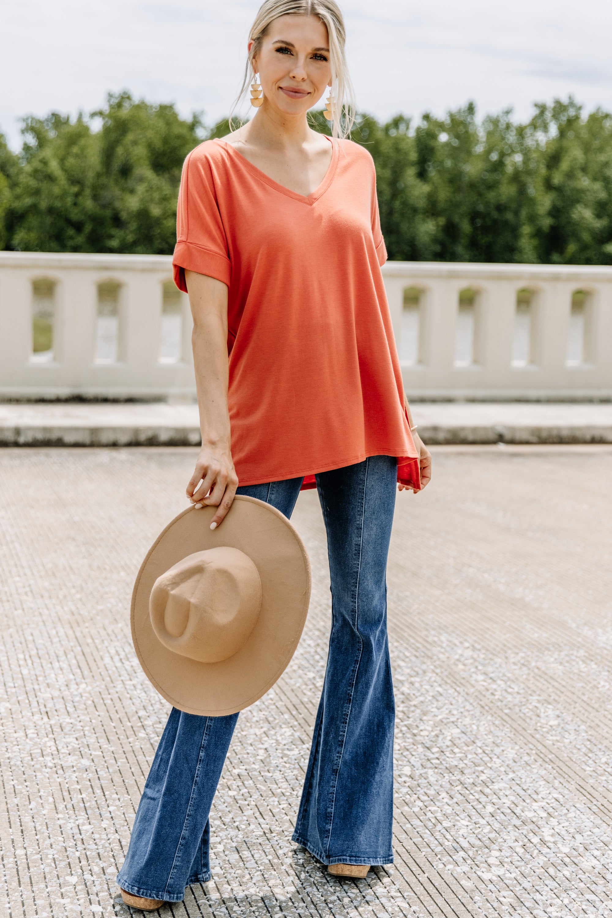 Make Your Life Easy Ash Copper Orange V-neck Top