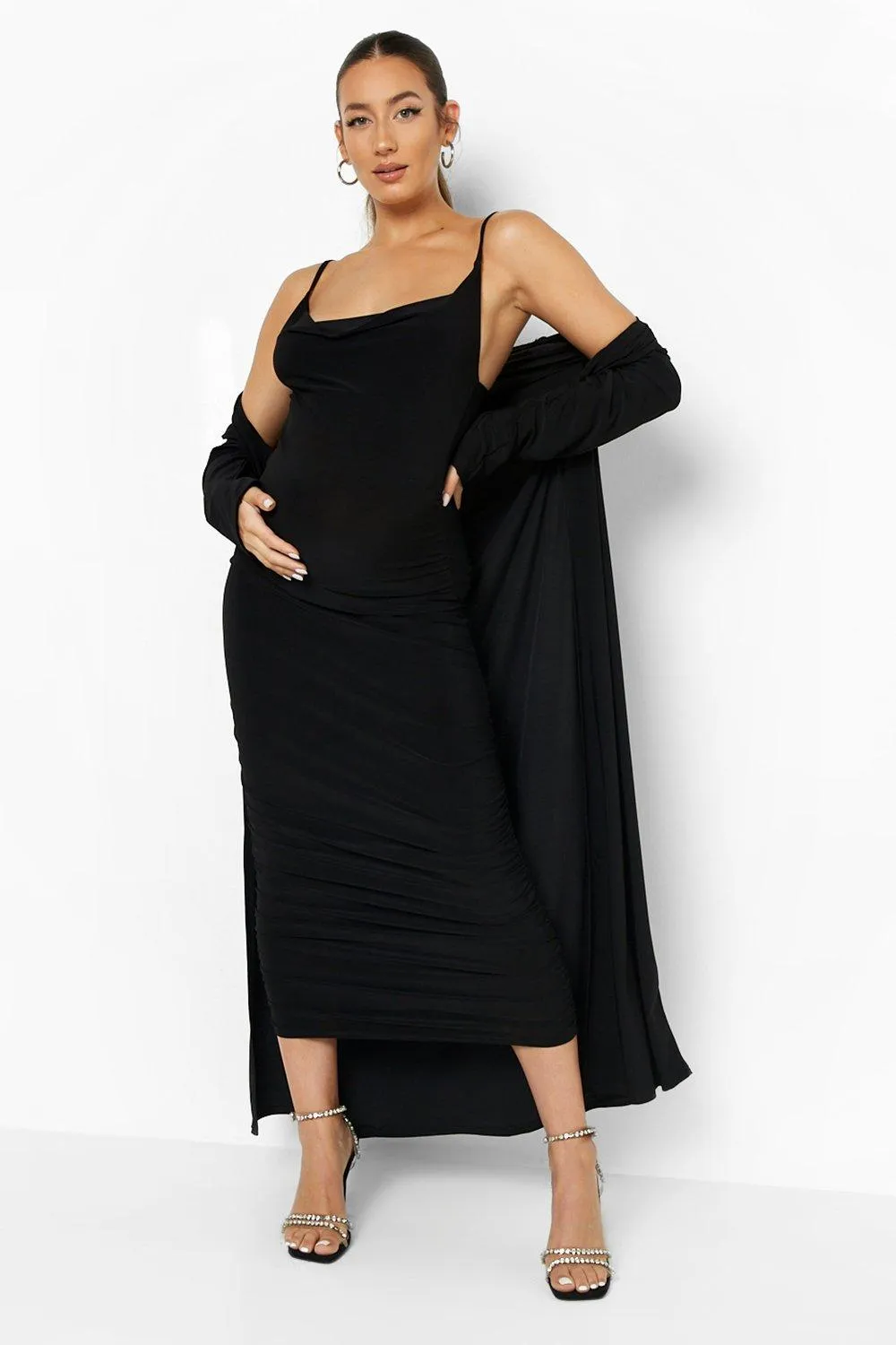 Maternity Strappy Cowl Neck Dress And Duster Coat