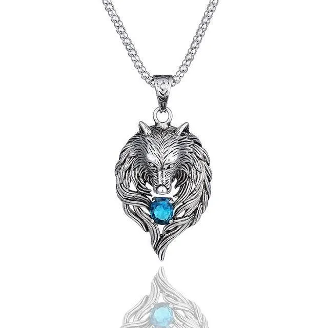 Nordic Norse Viking Wolf Pendant Necklace With Stones