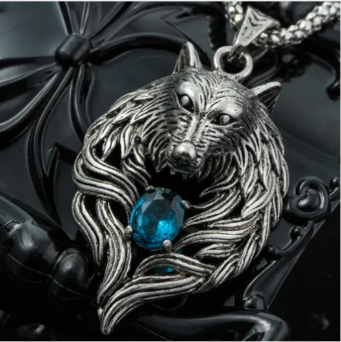 Nordic Norse Viking Wolf Pendant Necklace With Stones