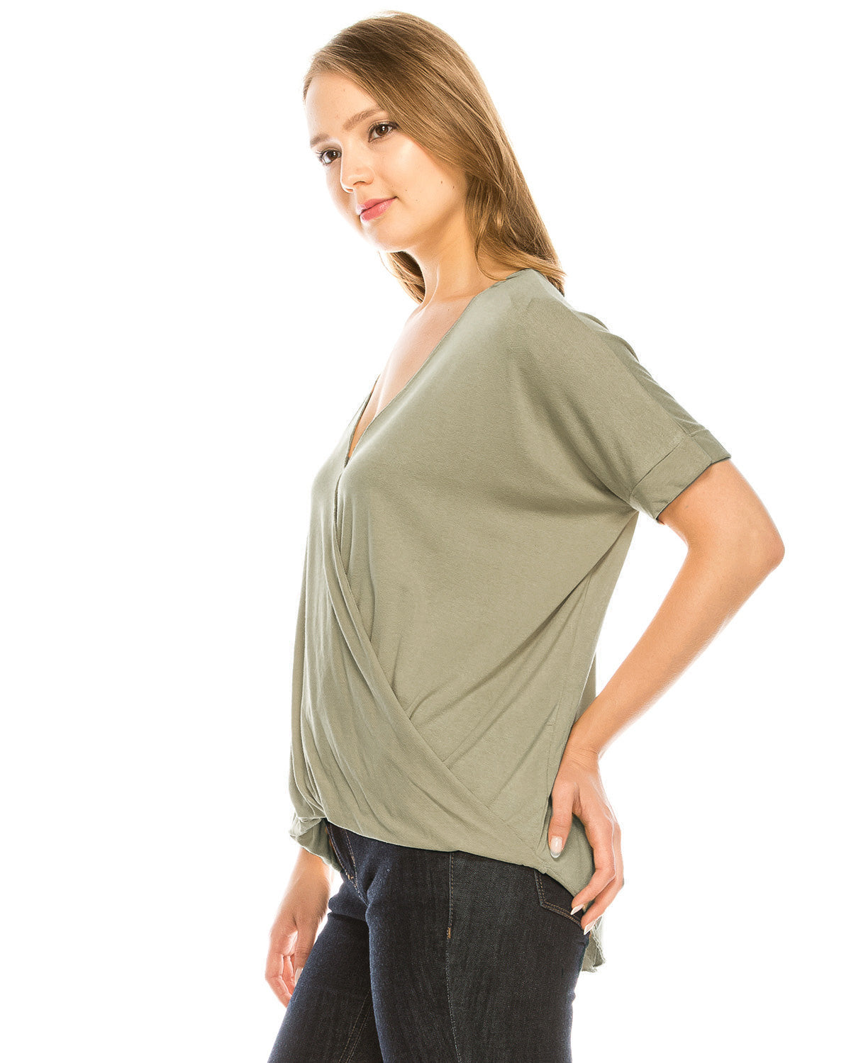 Olive Surplice V-Neck Top Roll Up Casual Blouse