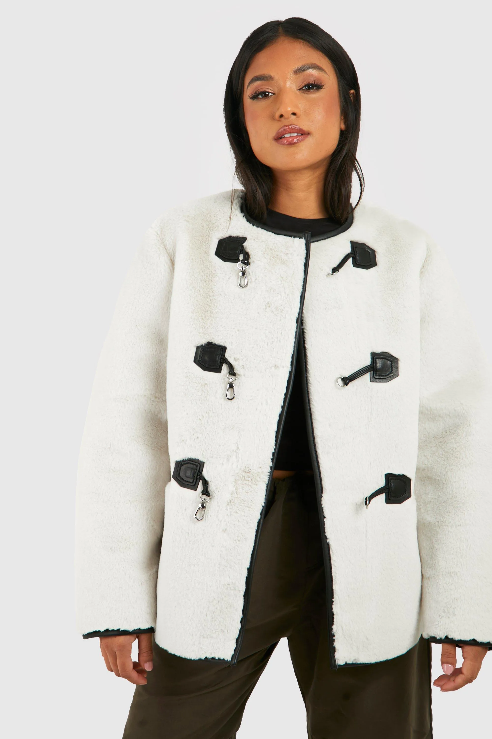 Petite Faux Fur Buckle Detail Coat