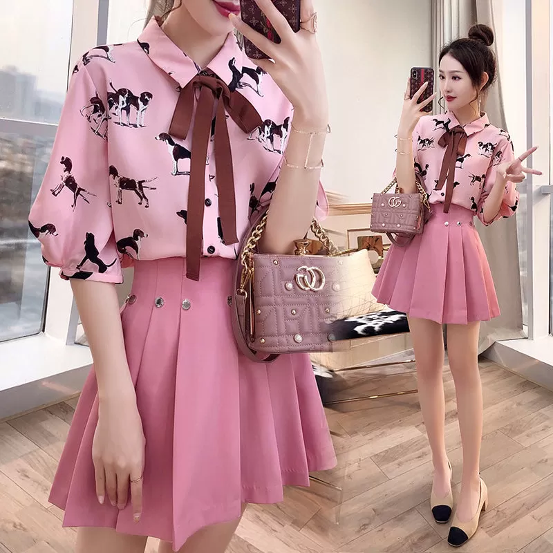 Pink Printing Blouse + Skirt Suit AD11907