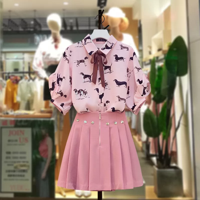 Pink Printing Blouse + Skirt Suit AD11907