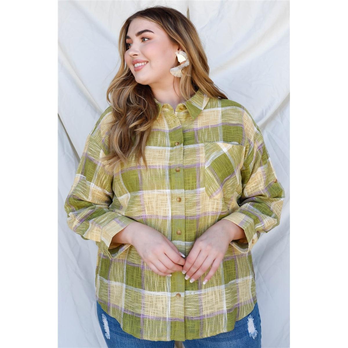 Plus Lime Cotton & Linen Blend Textured Plaid Shirt Top