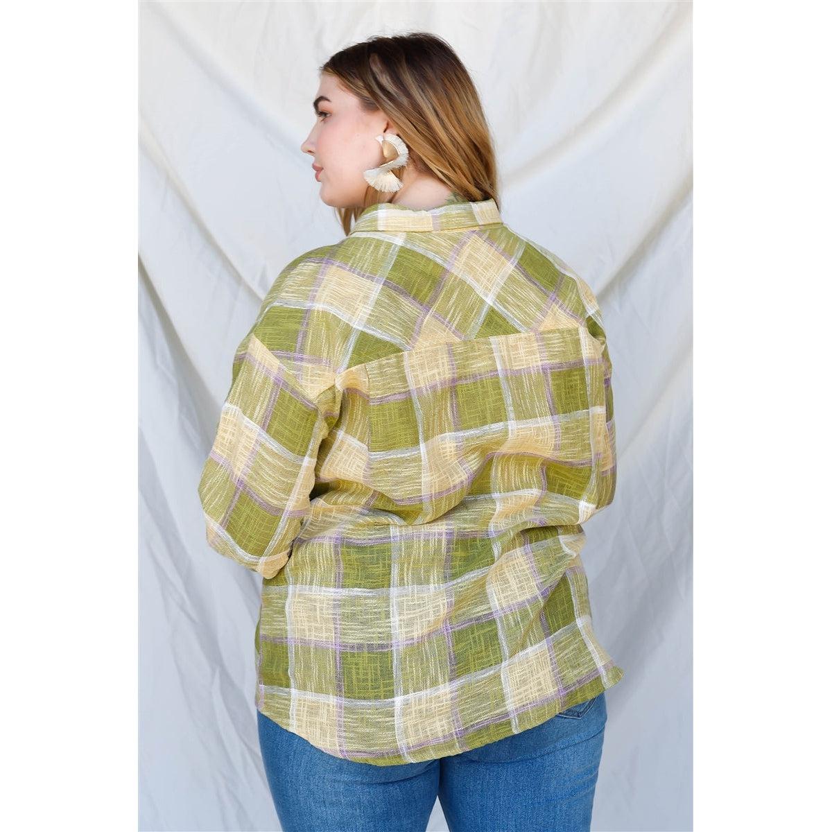 Plus Lime Cotton & Linen Blend Textured Plaid Shirt Top