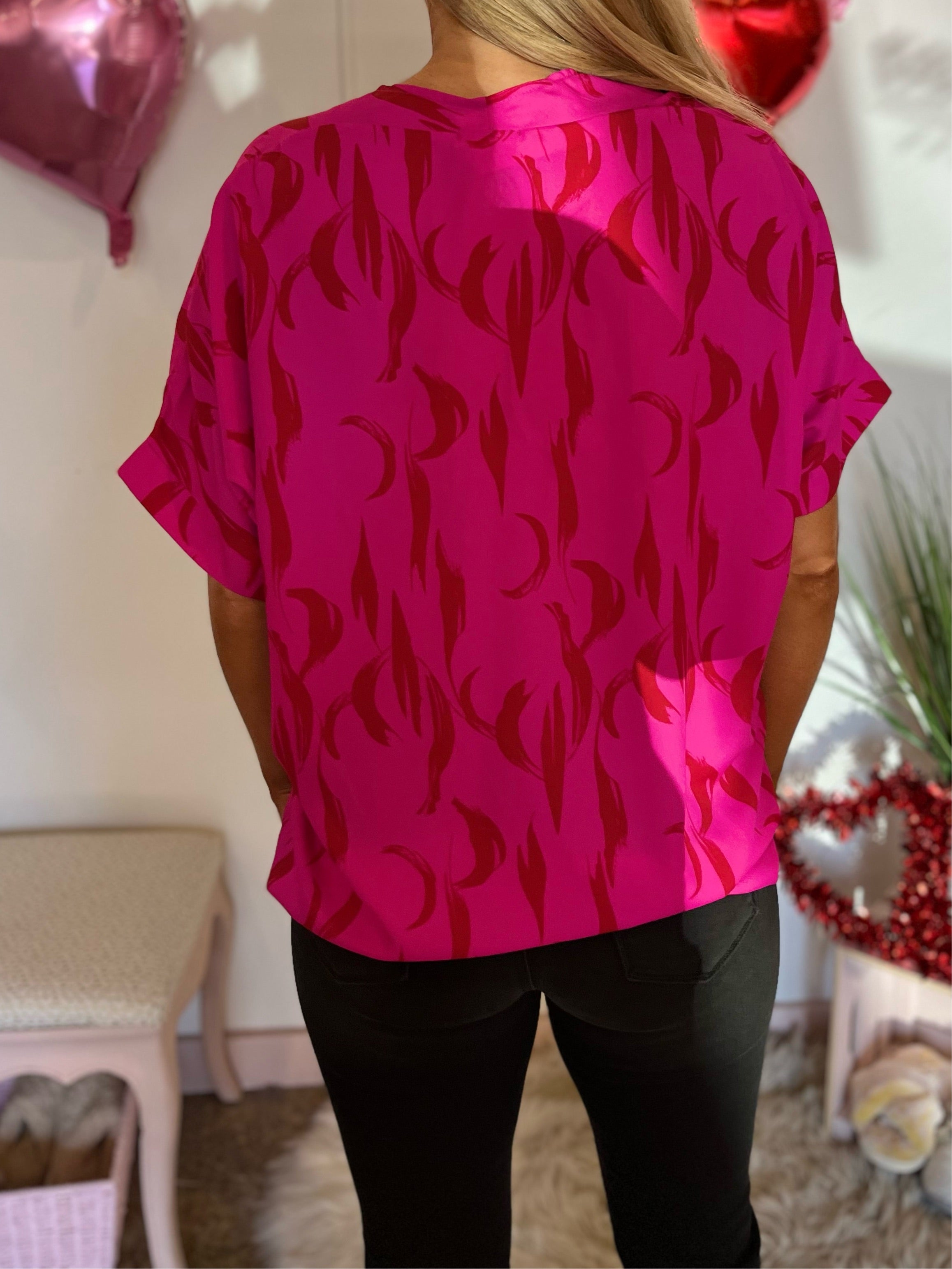 Print V-Neck Boxy Top - Hot Pink/Red