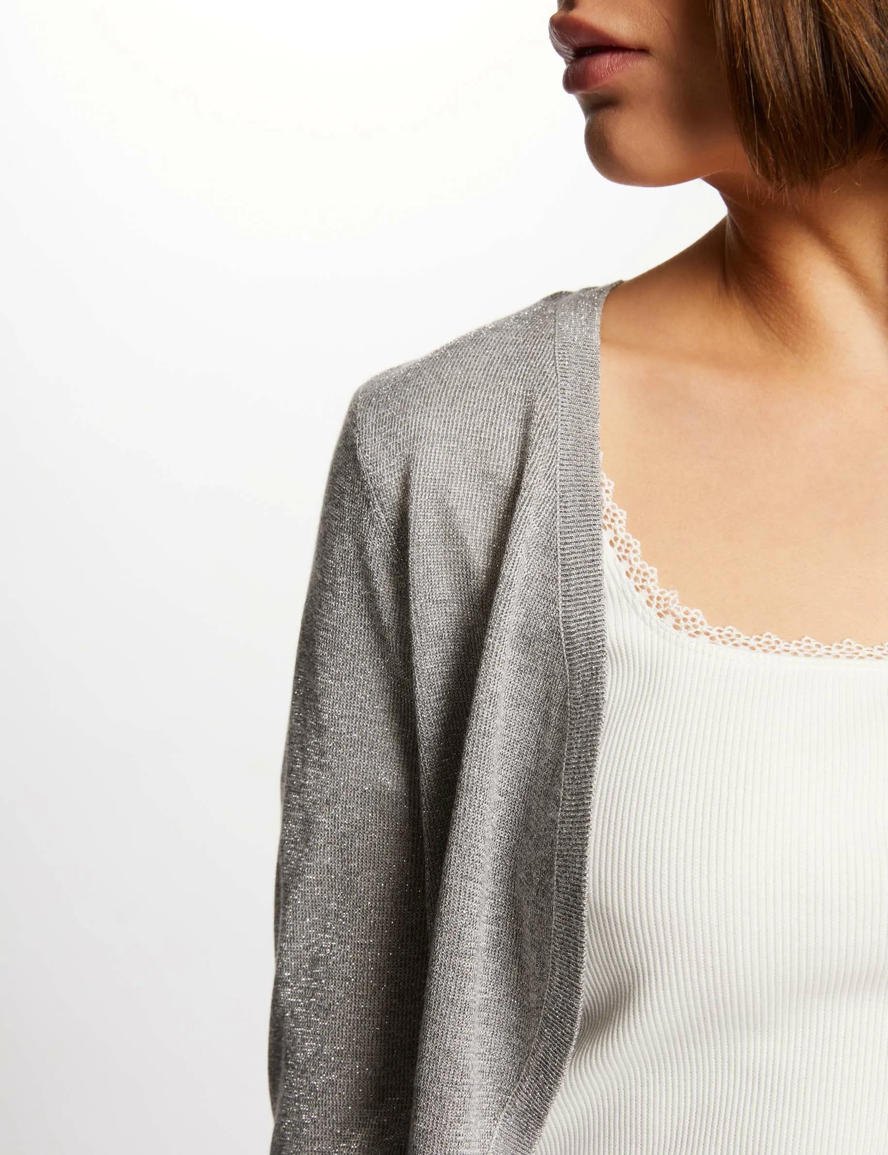 Short cardigan metallised threads light grey women