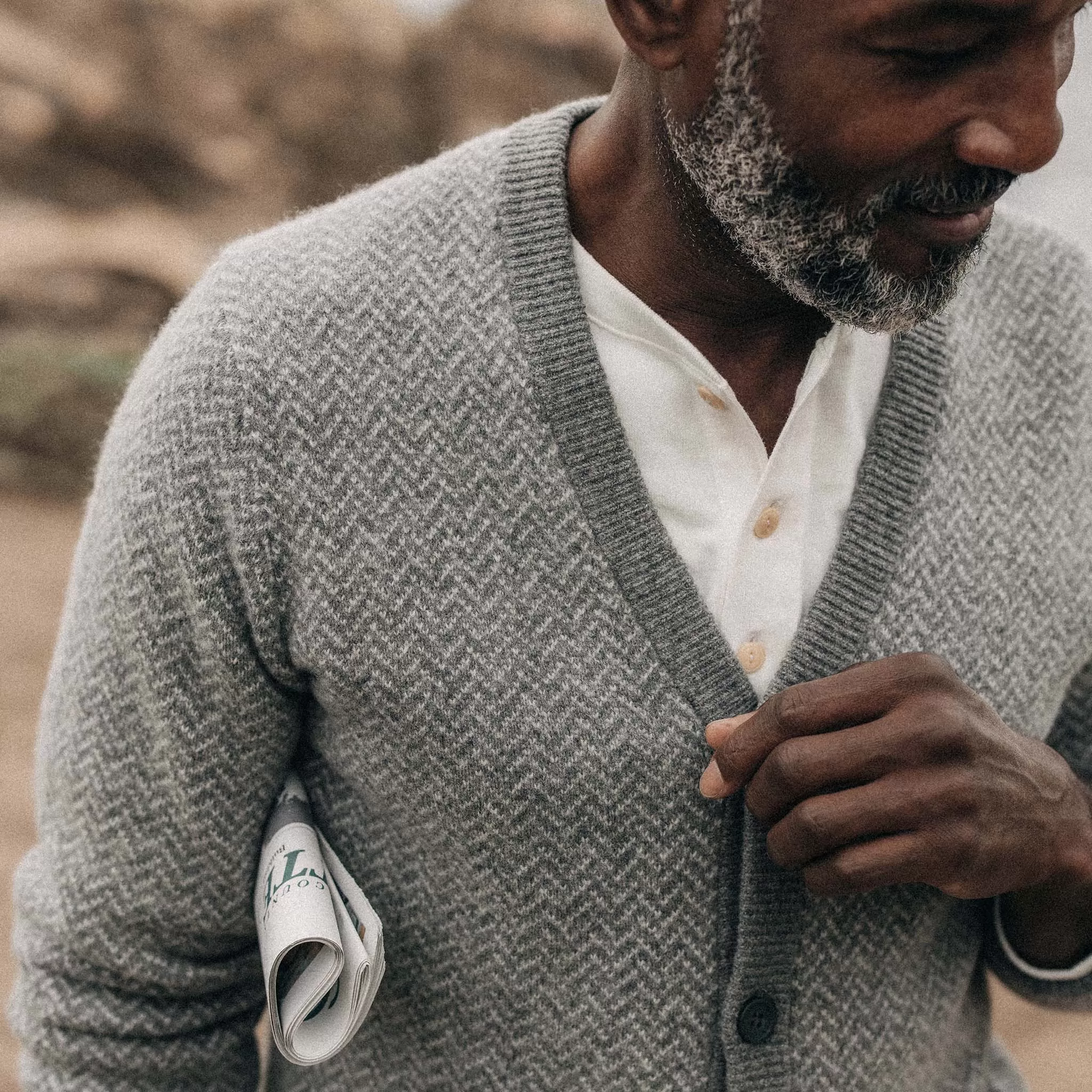 The Eddy Cardigan in Ash Herringbone Merino