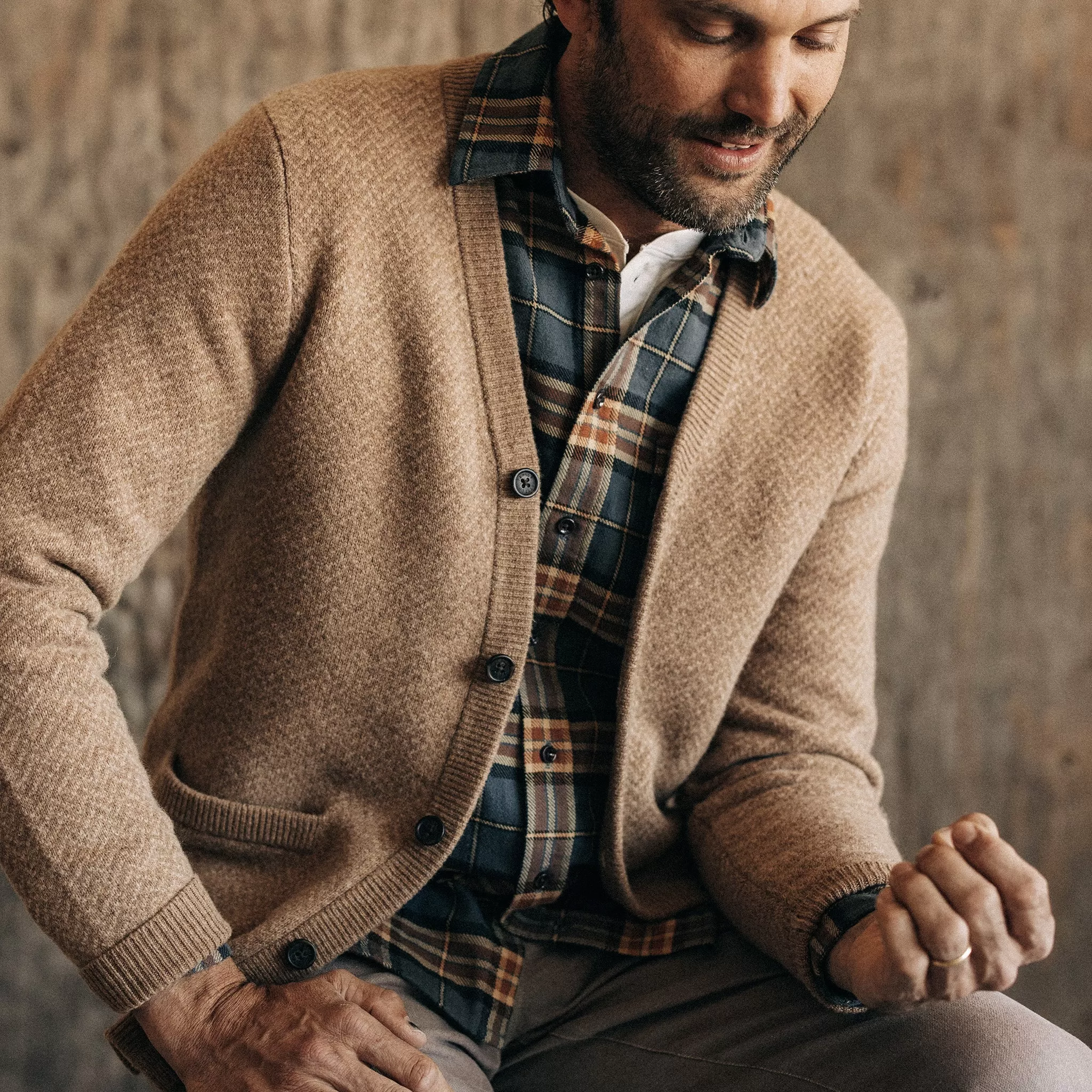 The Eddy Cardigan in Camel Herringbone Merino