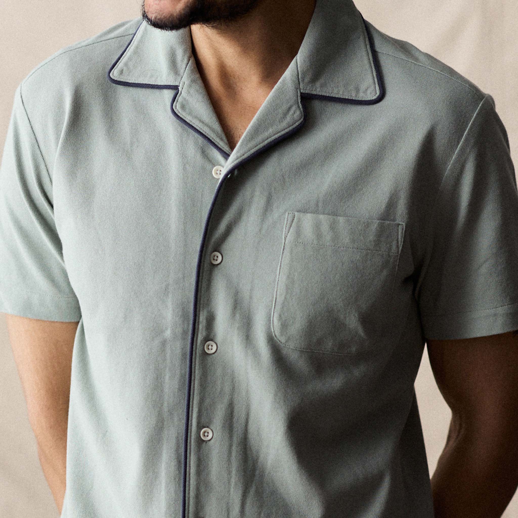 The Harwich Shirt in Surf Green Tipped Pique