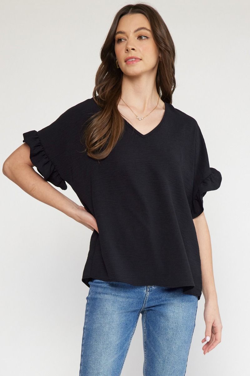 V-Neck Ruffle Sleeve Top- Black