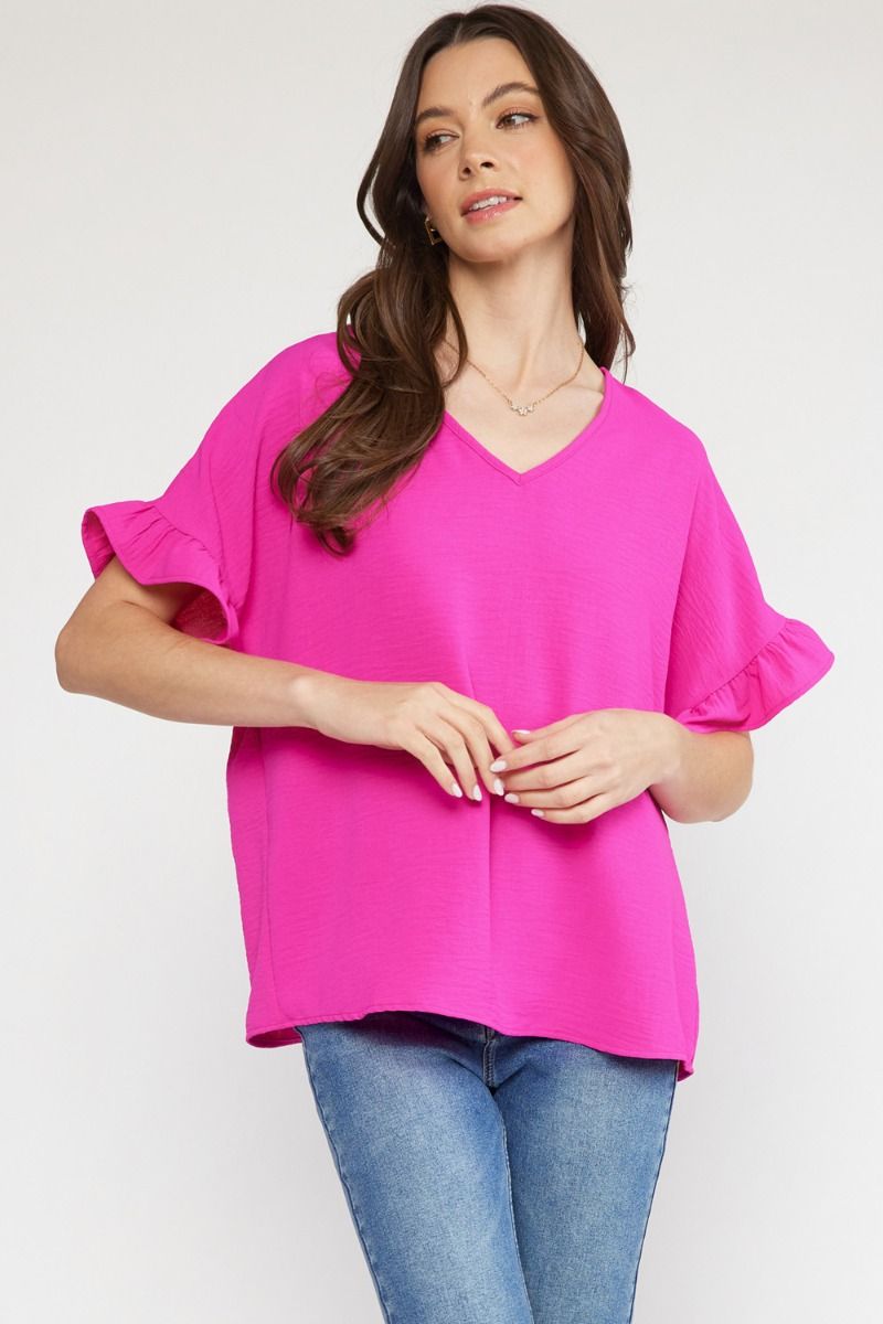 V-Neck Ruffle Sleeve Top- Hot Pink