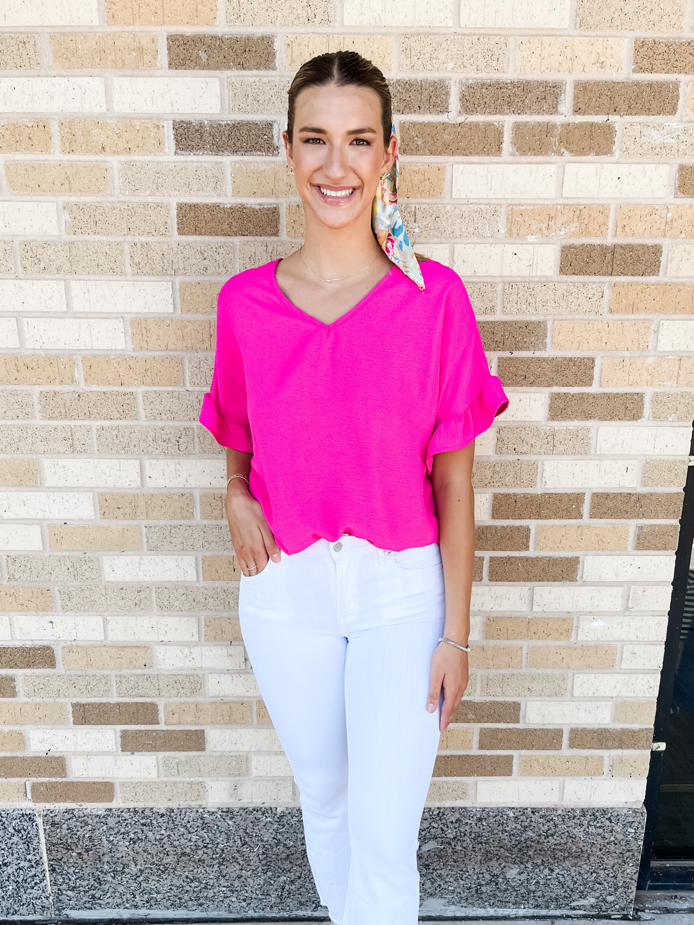 V-Neck Ruffle Sleeve Top- Hot Pink