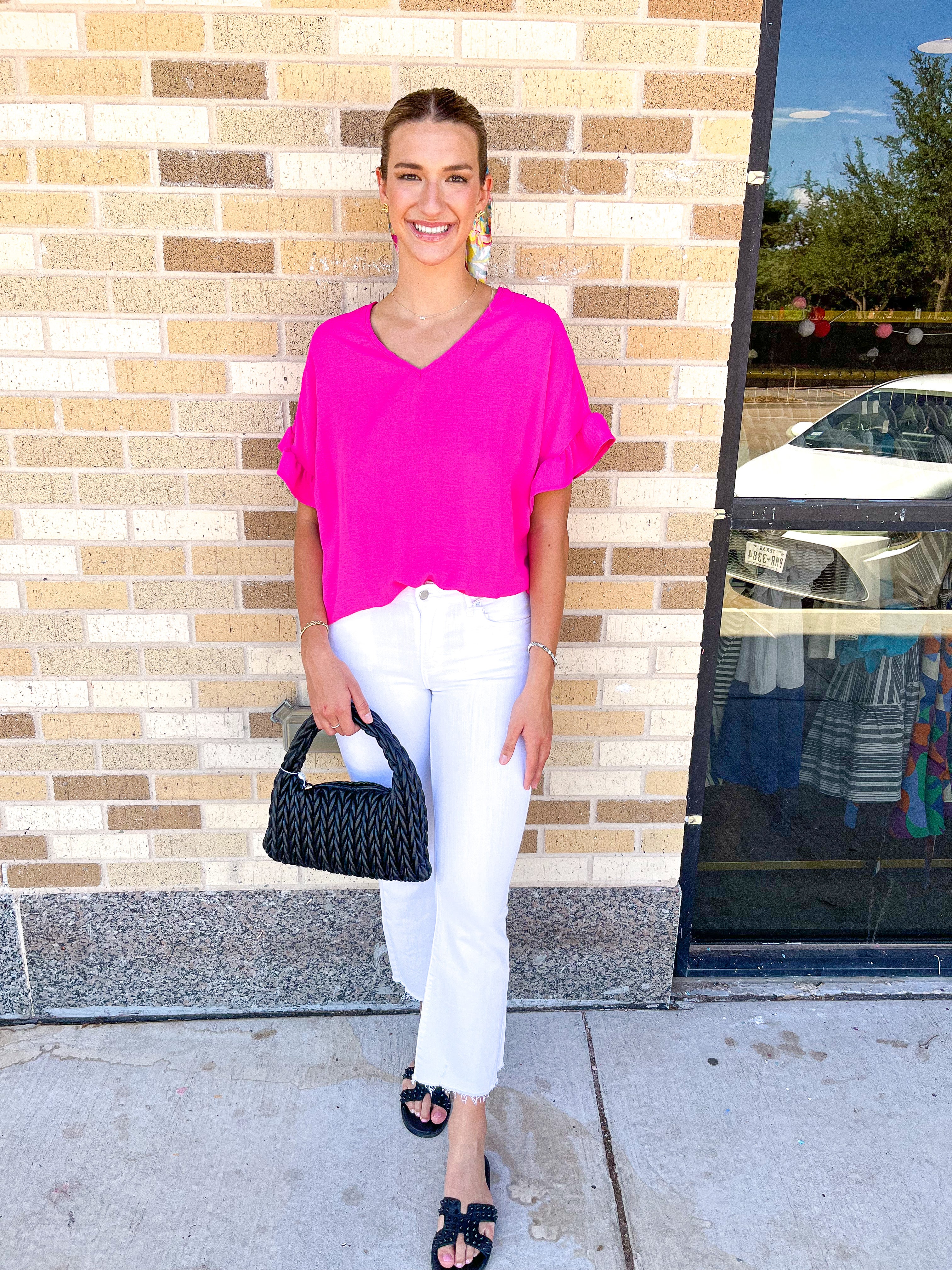 V-Neck Ruffle Sleeve Top- Hot Pink