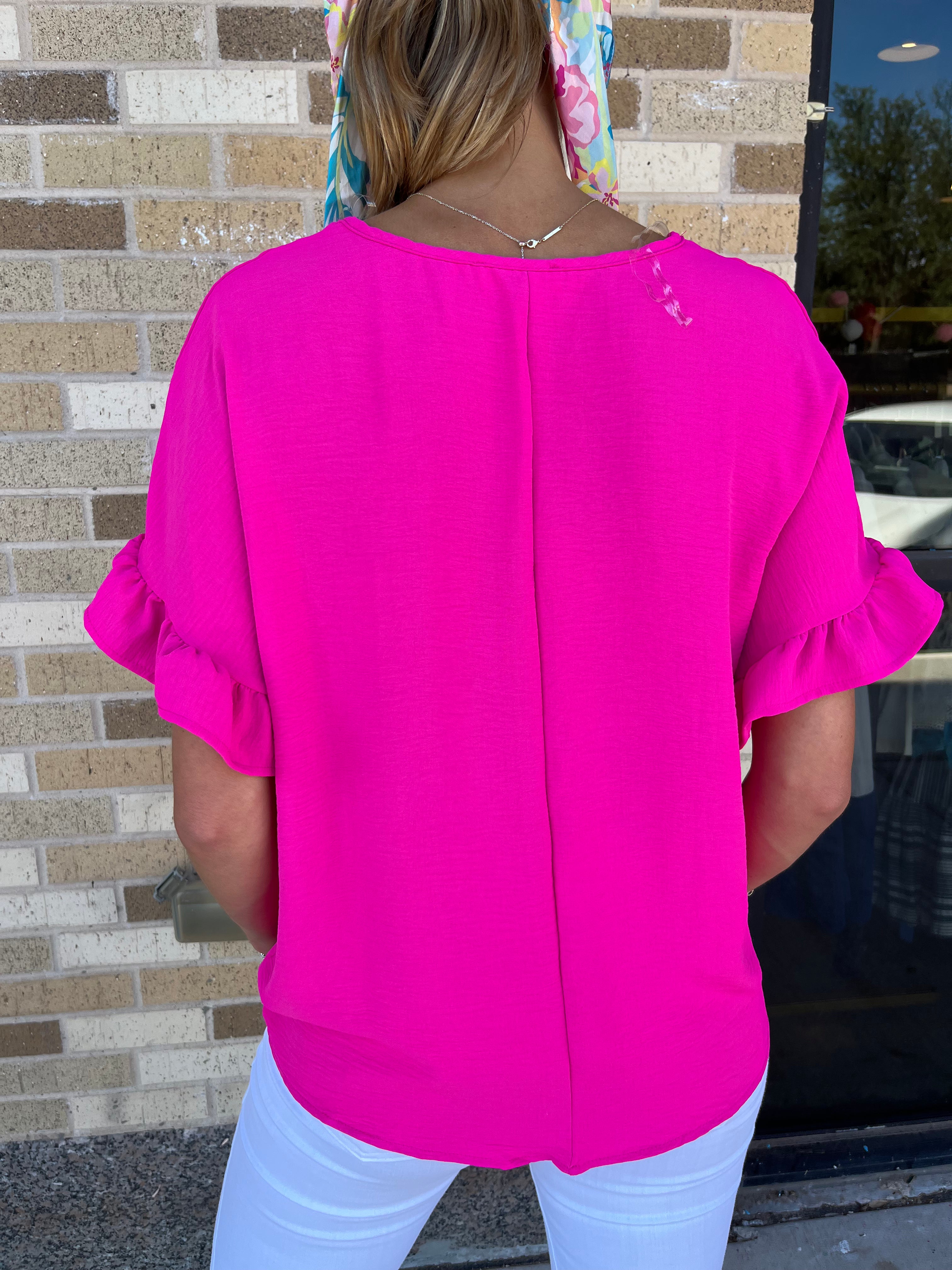 V-Neck Ruffle Sleeve Top- Hot Pink