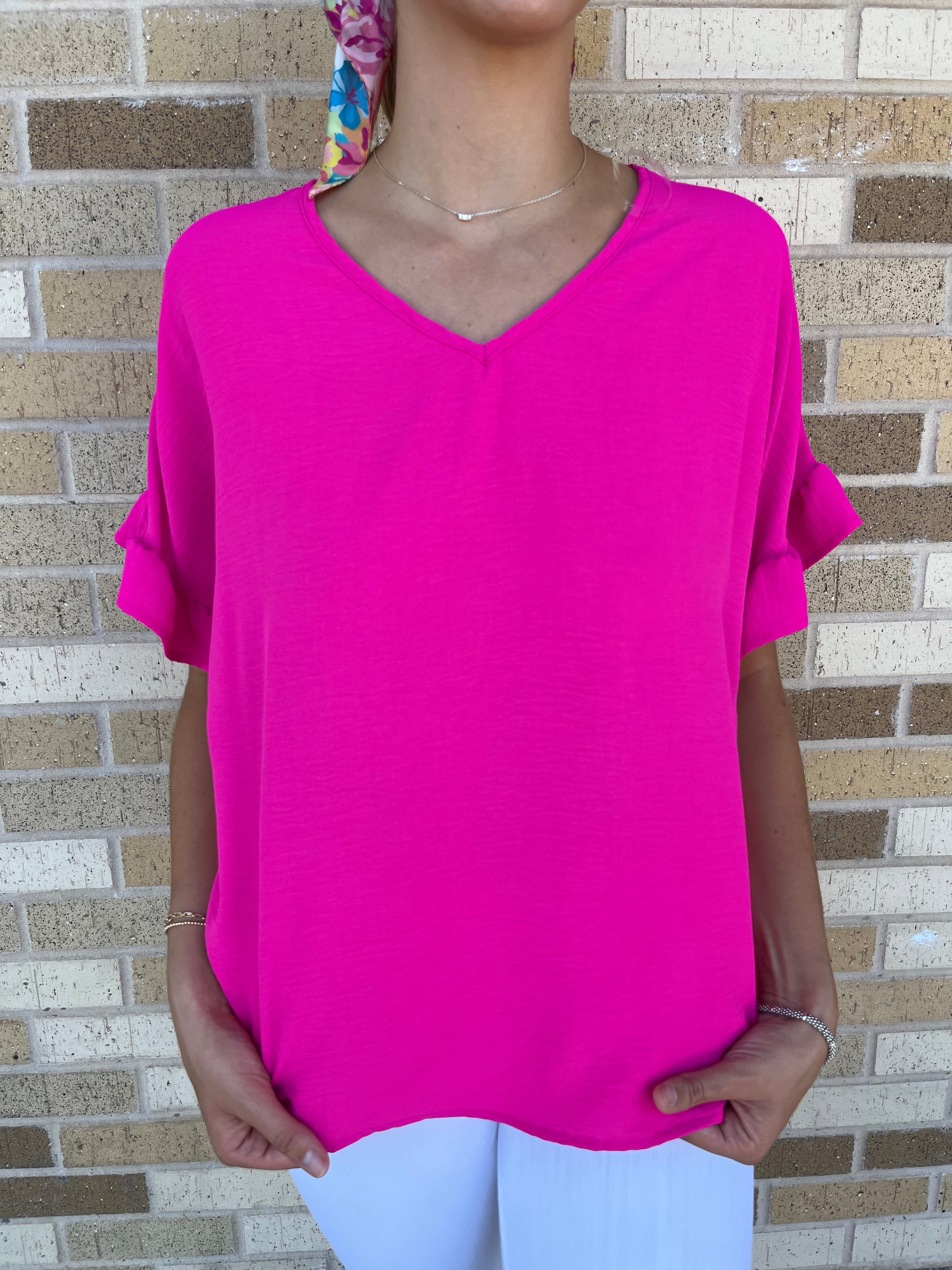 V-Neck Ruffle Sleeve Top- Hot Pink