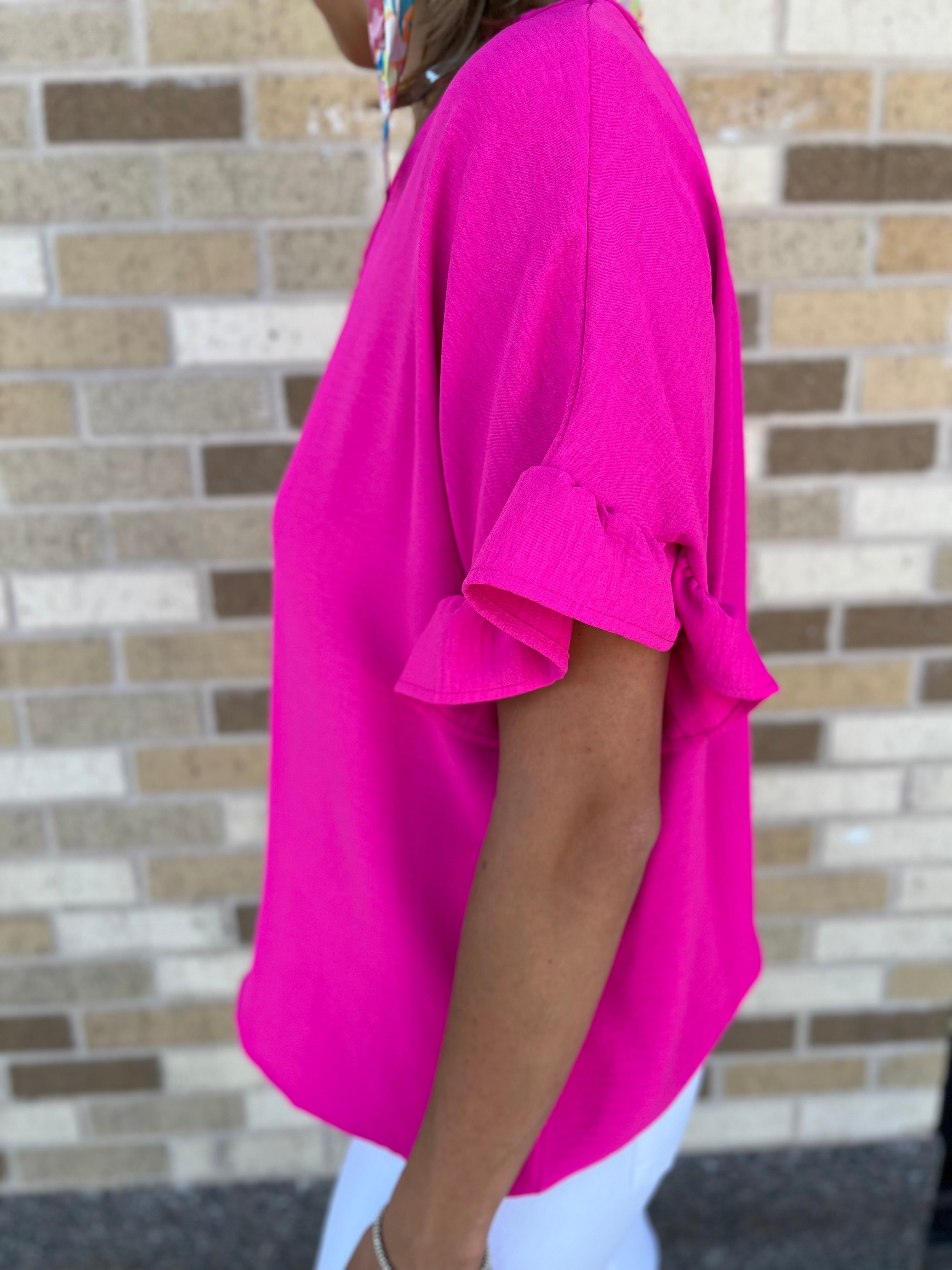 V-Neck Ruffle Sleeve Top- Hot Pink