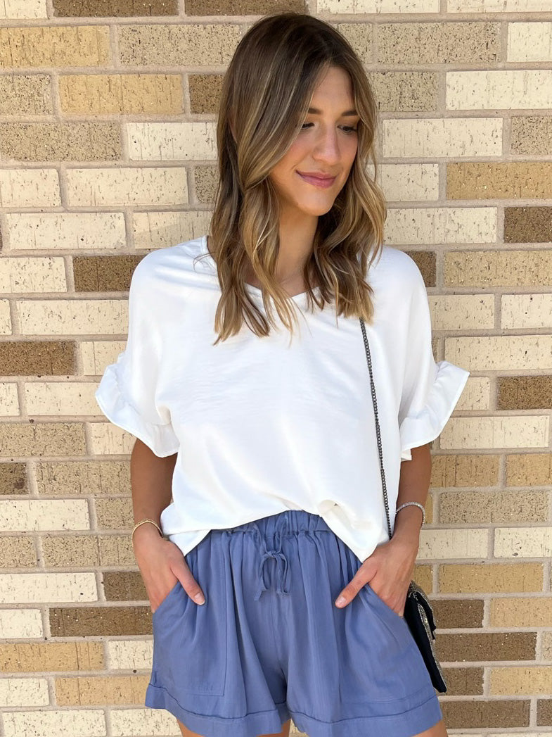 V-Neck Ruffle Sleeve Top- White