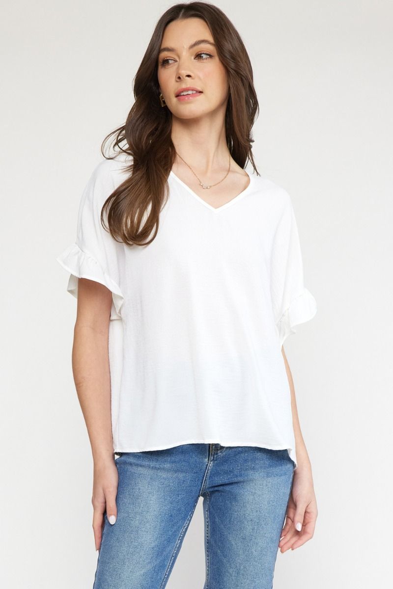 V-Neck Ruffle Sleeve Top- White