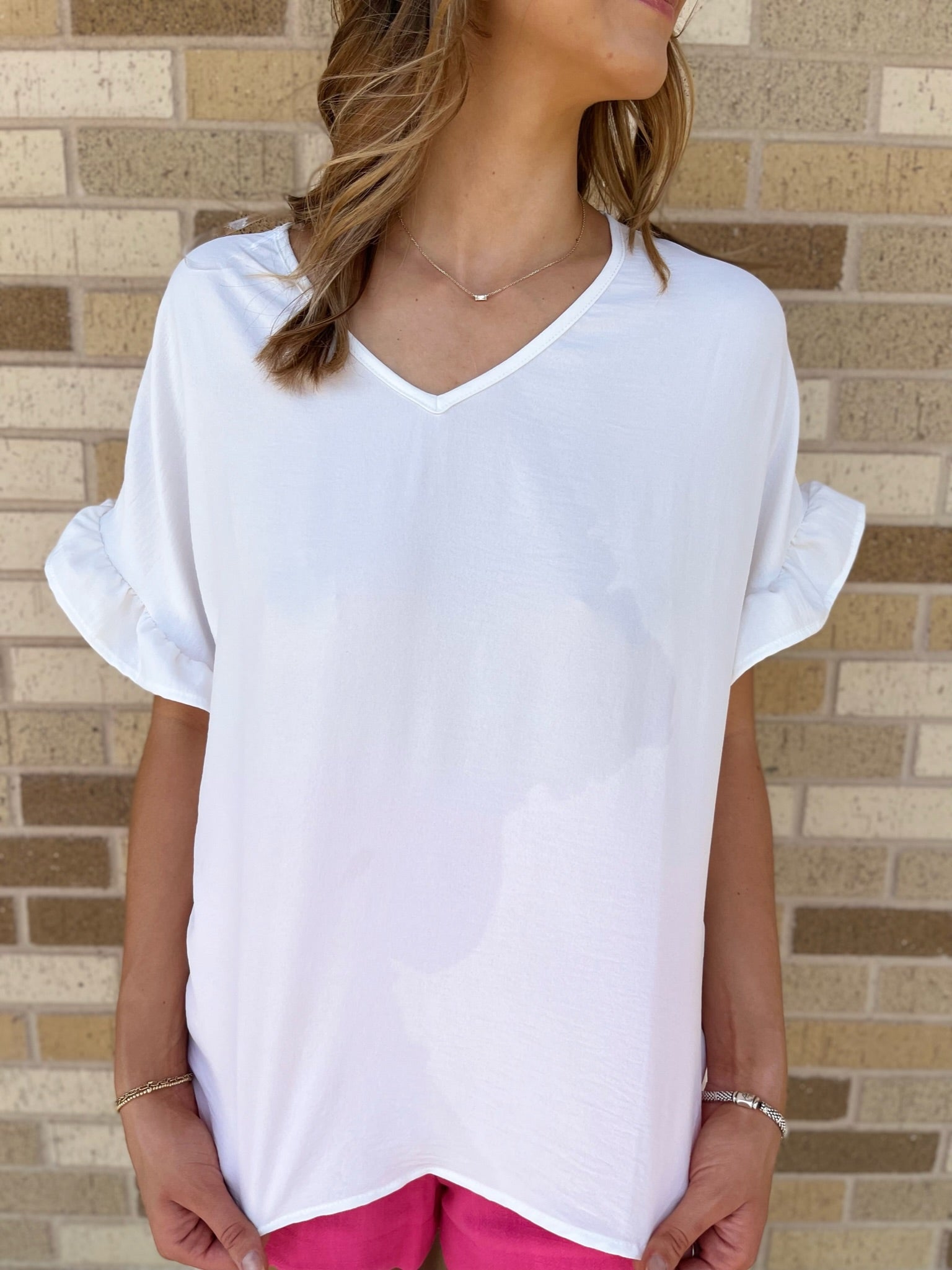 V-Neck Ruffle Sleeve Top- White