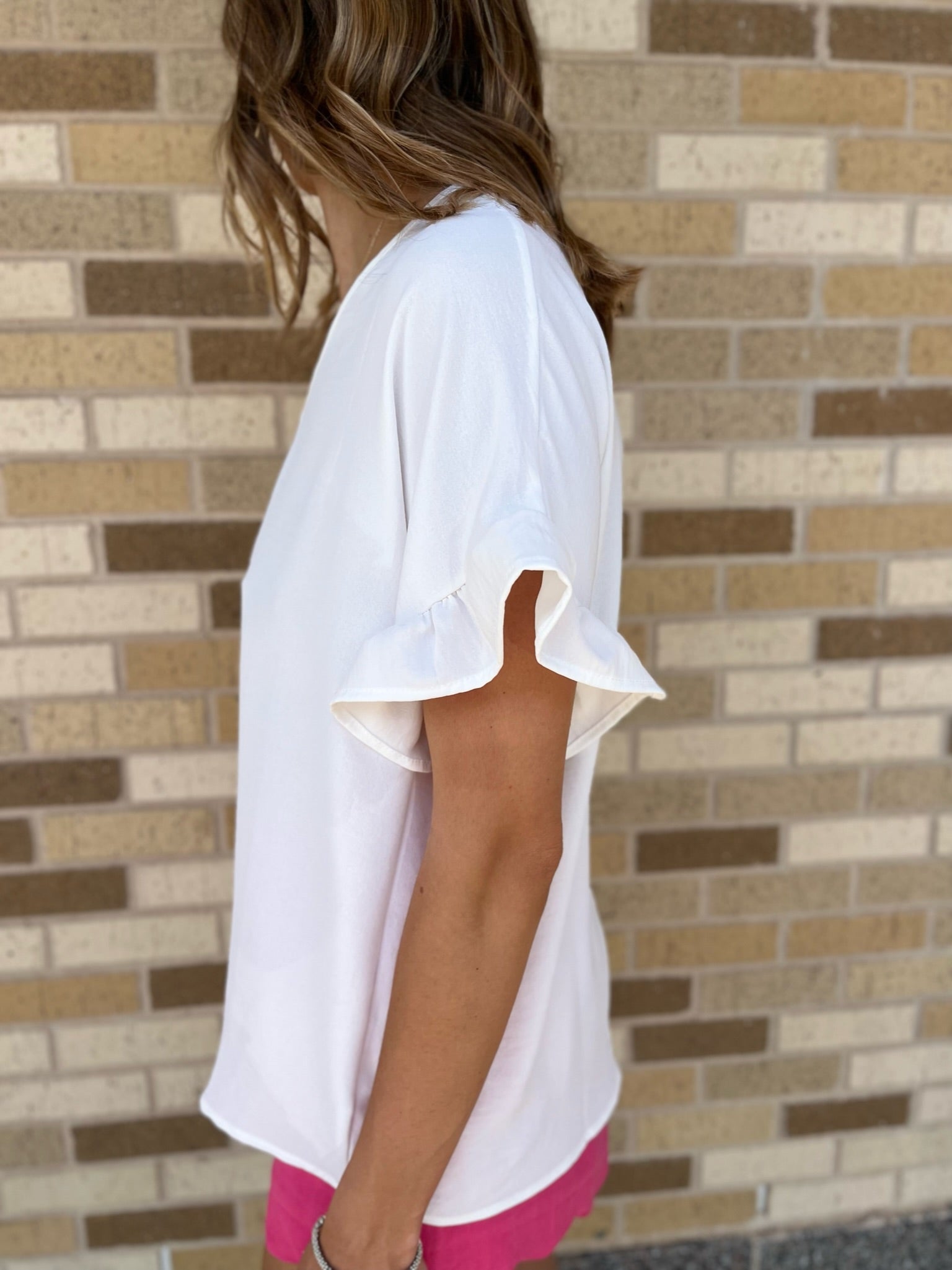 V-Neck Ruffle Sleeve Top- White